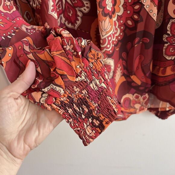 AURA Red Paisley Blouse Tie Neck Flowy Balloon Sleeves Top Large Women’s NWT - Picture 3 of 9